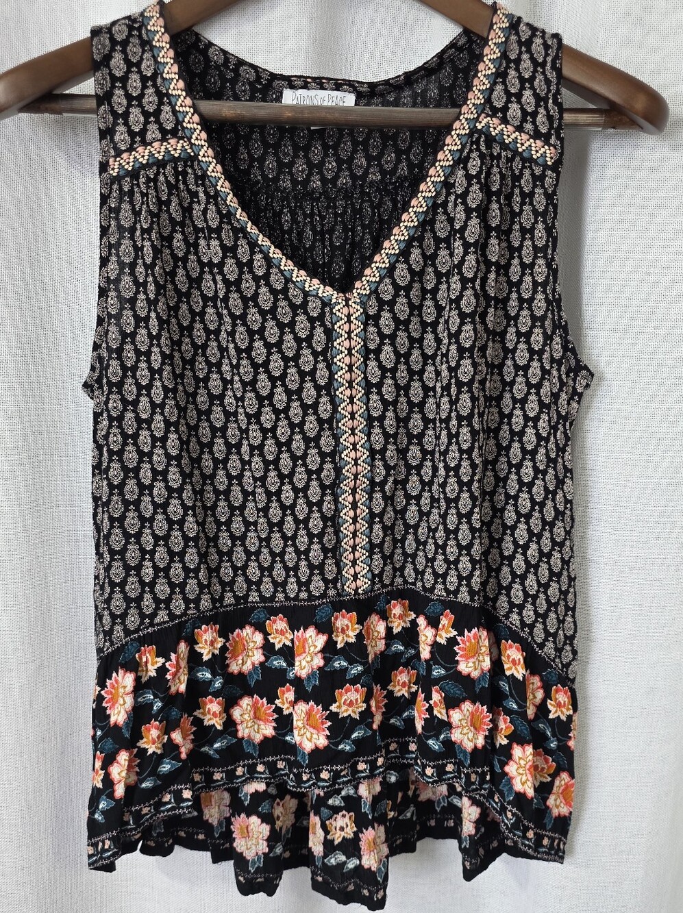 Patrons of Peace Black Floral-Trim Sleeveless V-Neck Tank